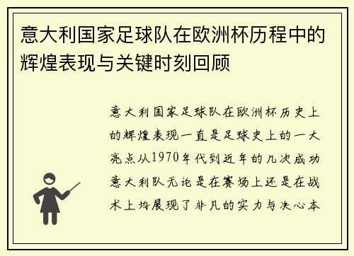 意大利国家足球队在欧洲杯历程中的辉煌表现与关键时刻回顾